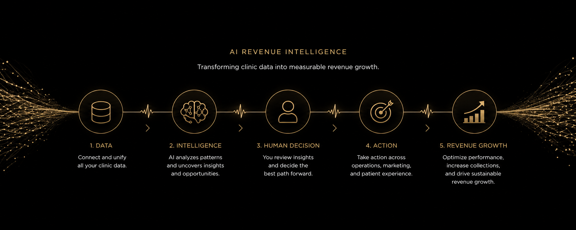 PULSE AI Revenue Intelligence workflow diagram showing five stages: data collection, AI analysis, human decision, action, and revenue growth for healthcare clinics